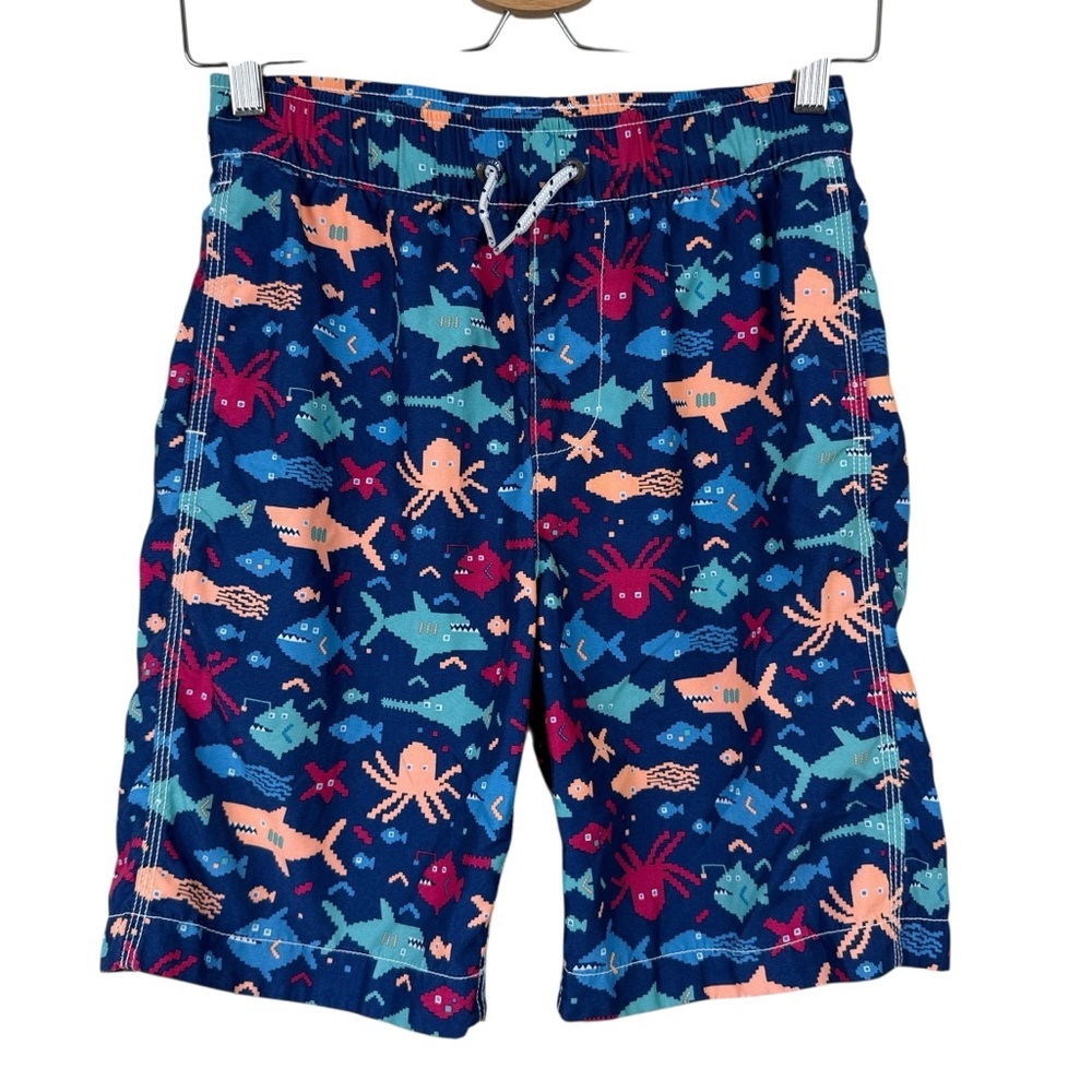 Gap Boy's Blue Ocean Animal Sea Life Drawstring Swim Trunks Shorts Size Large